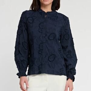 Hinson Wu Nicola Long Sleeve Floral Applique Shirt Navy Blue Large